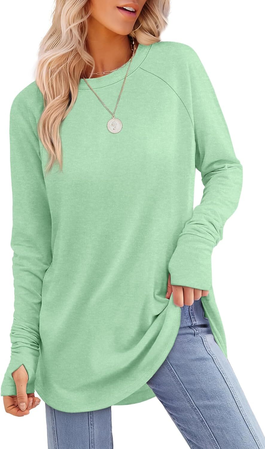 🔥Womens Tunic Tops to Wear with Leggings Long Sleeve Thumb Hole Shirts Crew Neck Curved Hem