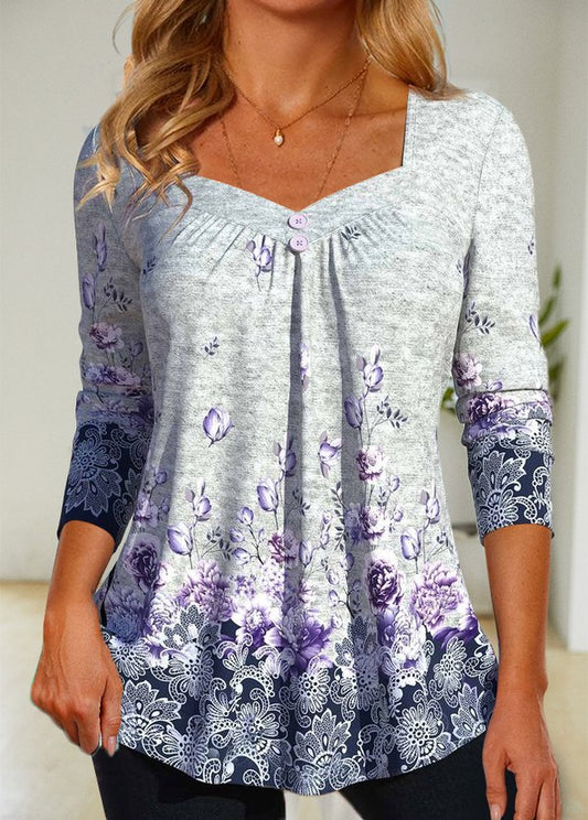Floral Square Neck Casual T-Shirt