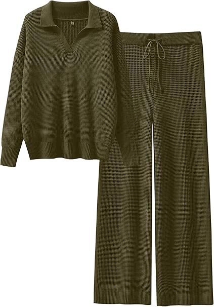 🔥Autumn Special Offer-Womens Two Piece Outfits Sweater Sets Waffle Knit Pullover Wide Leg Pants