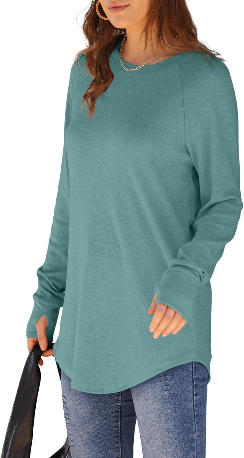 🔥Womens Tunic Tops to Wear with Leggings Long Sleeve Thumb Hole Shirts Crew Neck Curved Hem