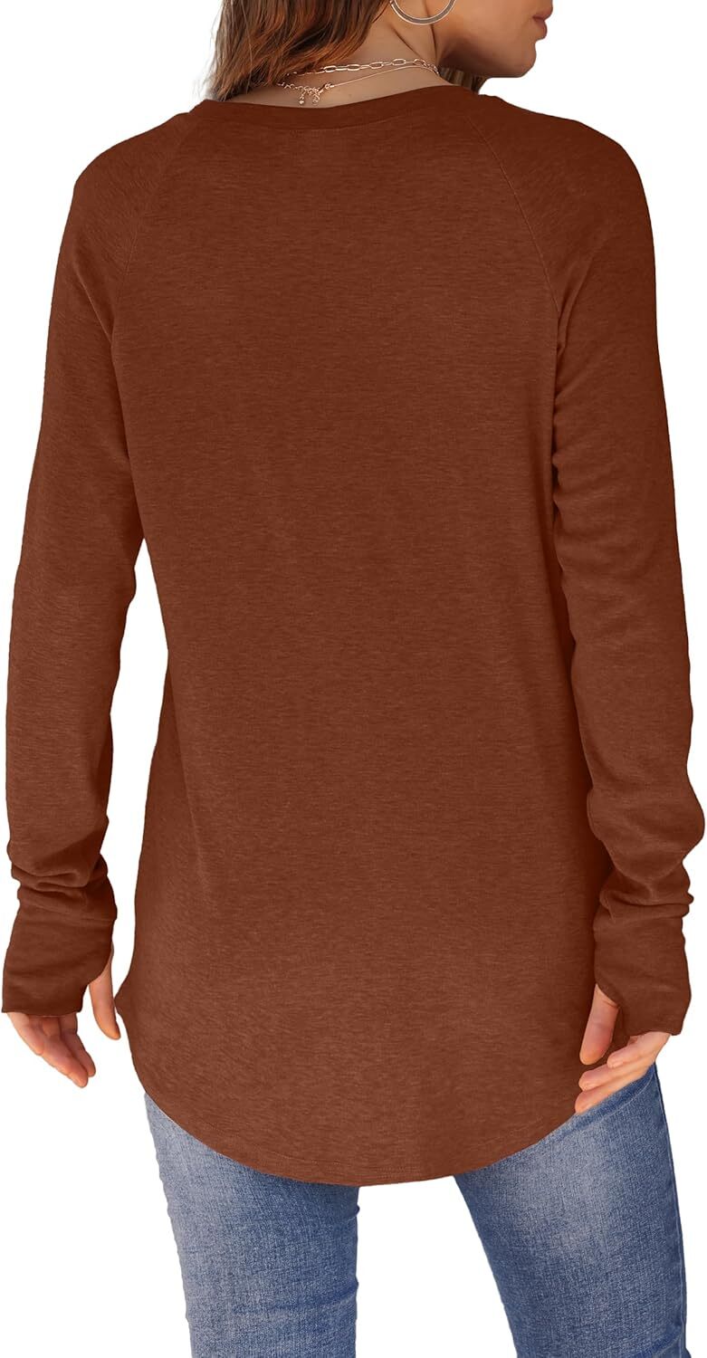 🔥Womens Tunic Tops to Wear with Leggings Long Sleeve Thumb Hole Shirts Crew Neck Curved Hem