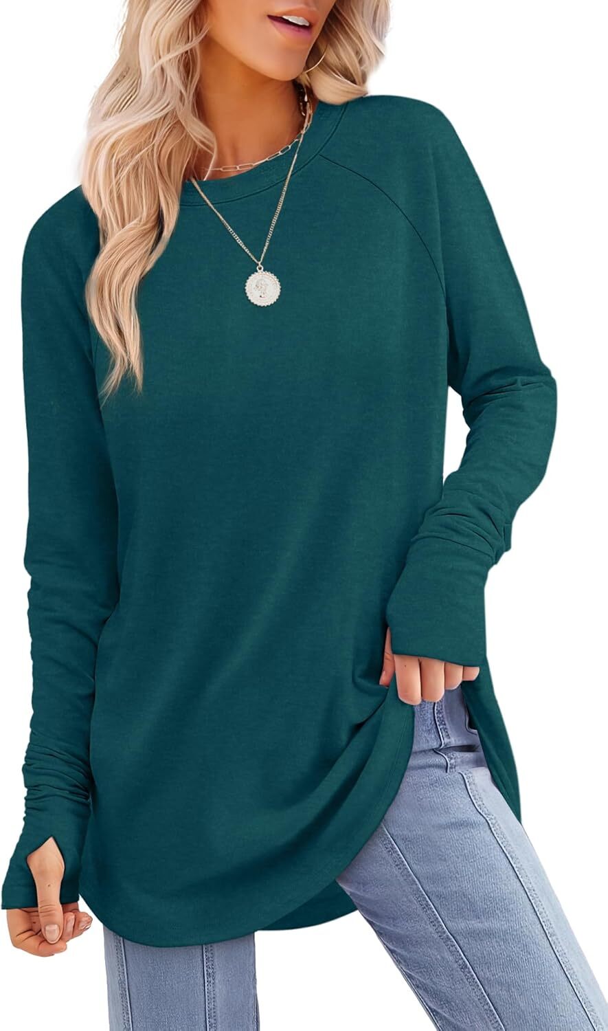 🔥Womens Tunic Tops to Wear with Leggings Long Sleeve Thumb Hole Shirts Crew Neck Curved Hem