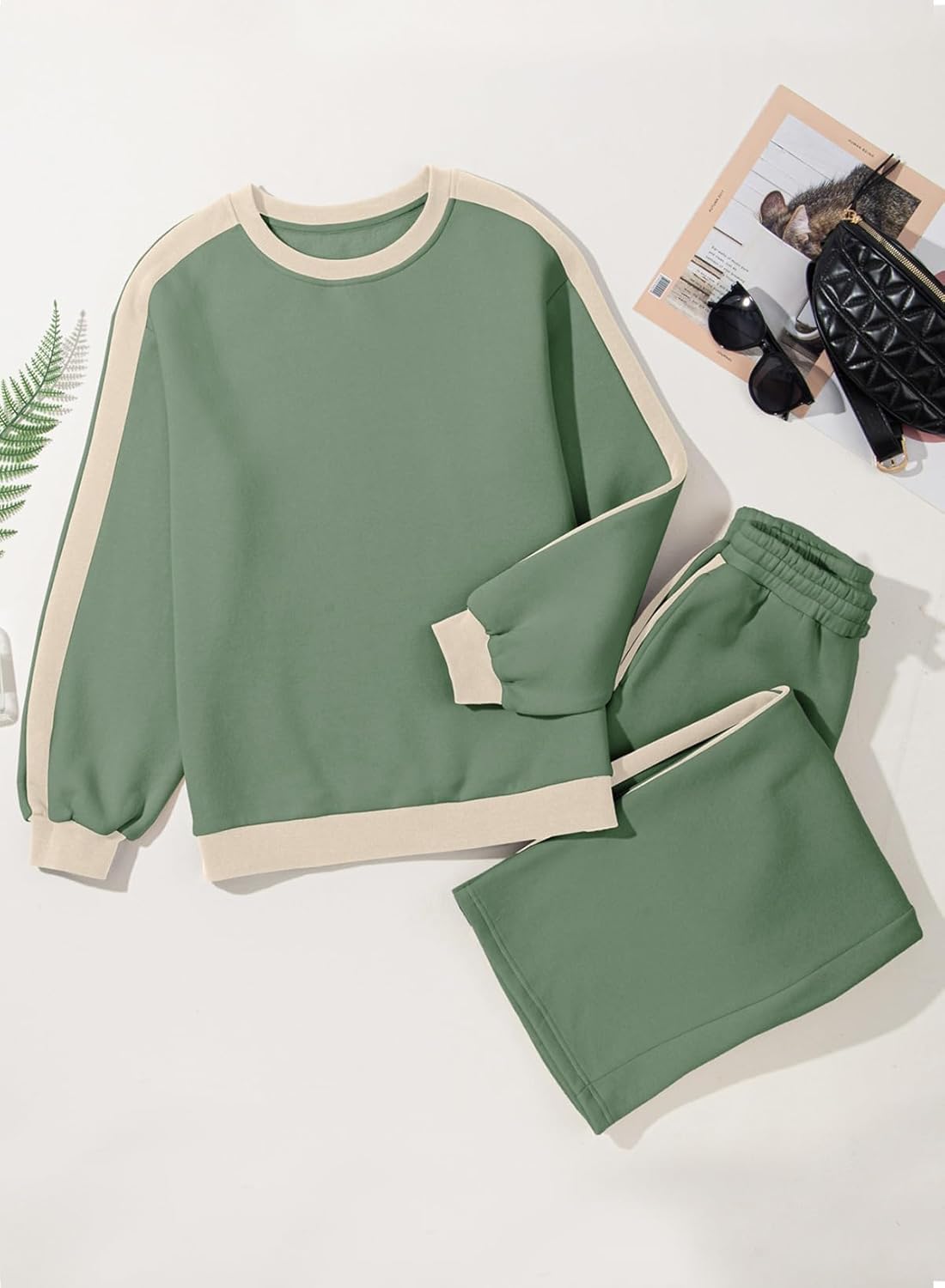 ❤️Last day promotion! Women 2 Piece Outfits Color Block Sweatsuit Casual Fleece Lounge Matching Sets
