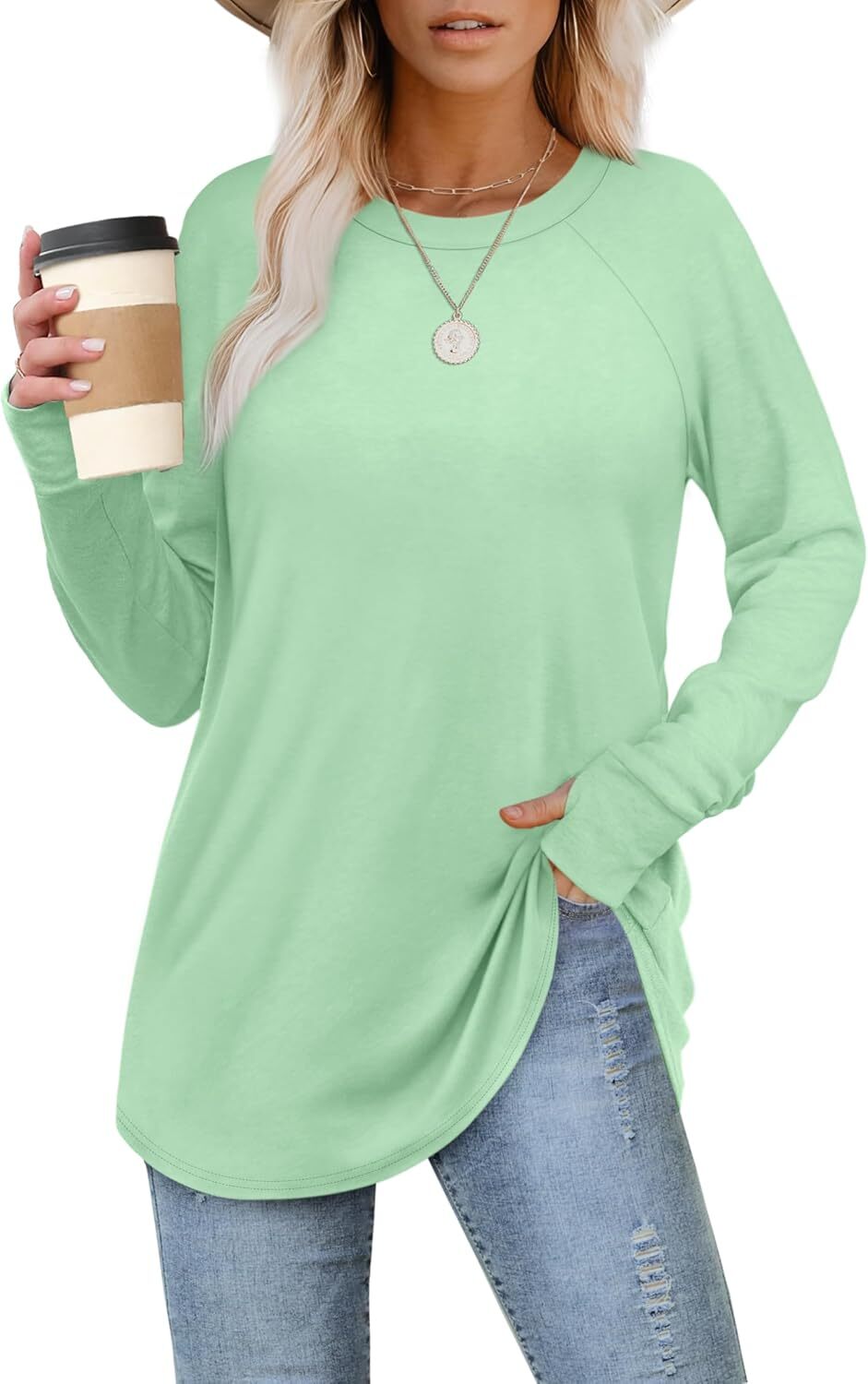🔥Womens Tunic Tops to Wear with Leggings Long Sleeve Thumb Hole Shirts Crew Neck Curved Hem