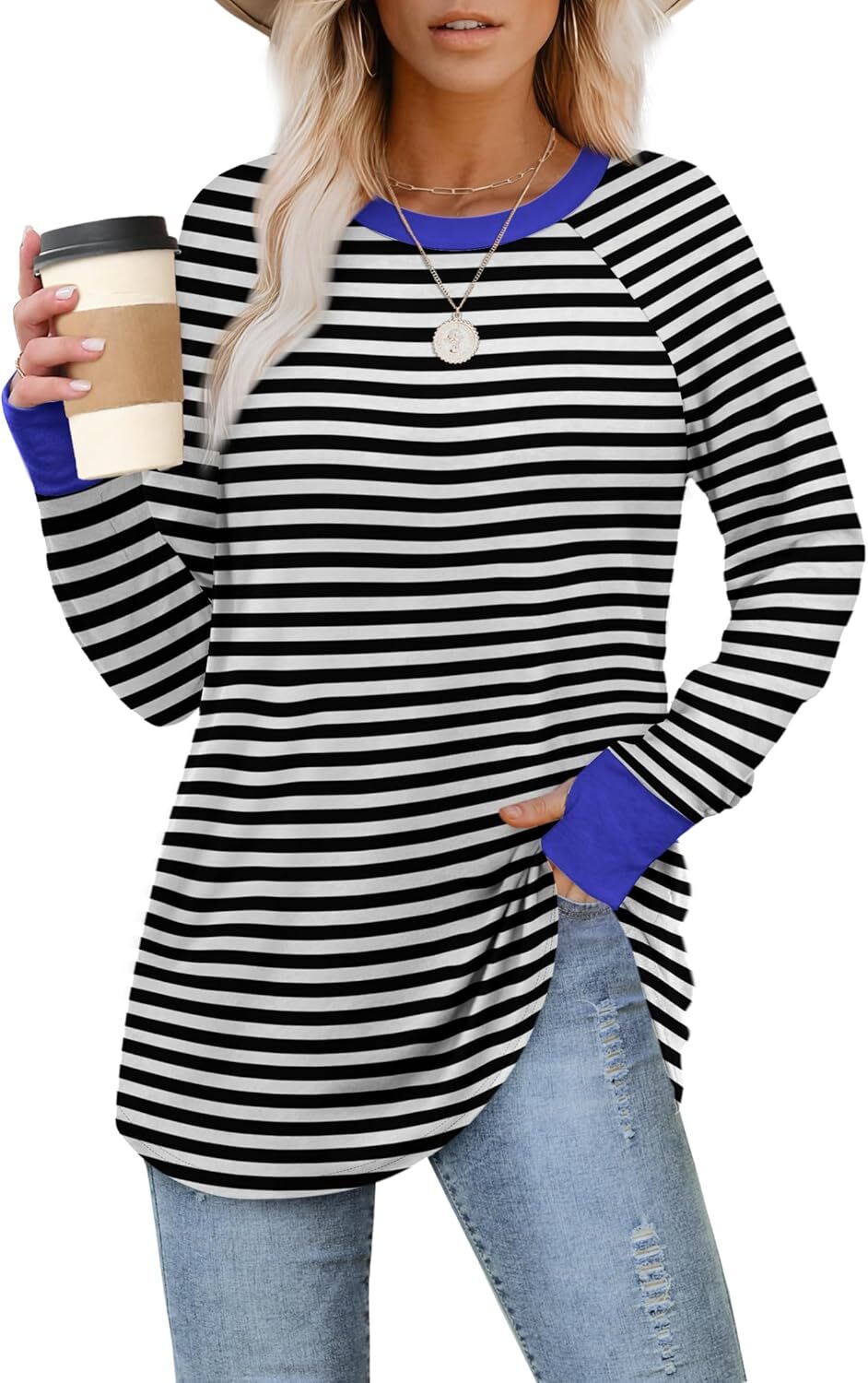 🔥Womens Tunic Tops to Wear with Leggings Long Sleeve Thumb Hole Shirts Crew Neck Curved Hem