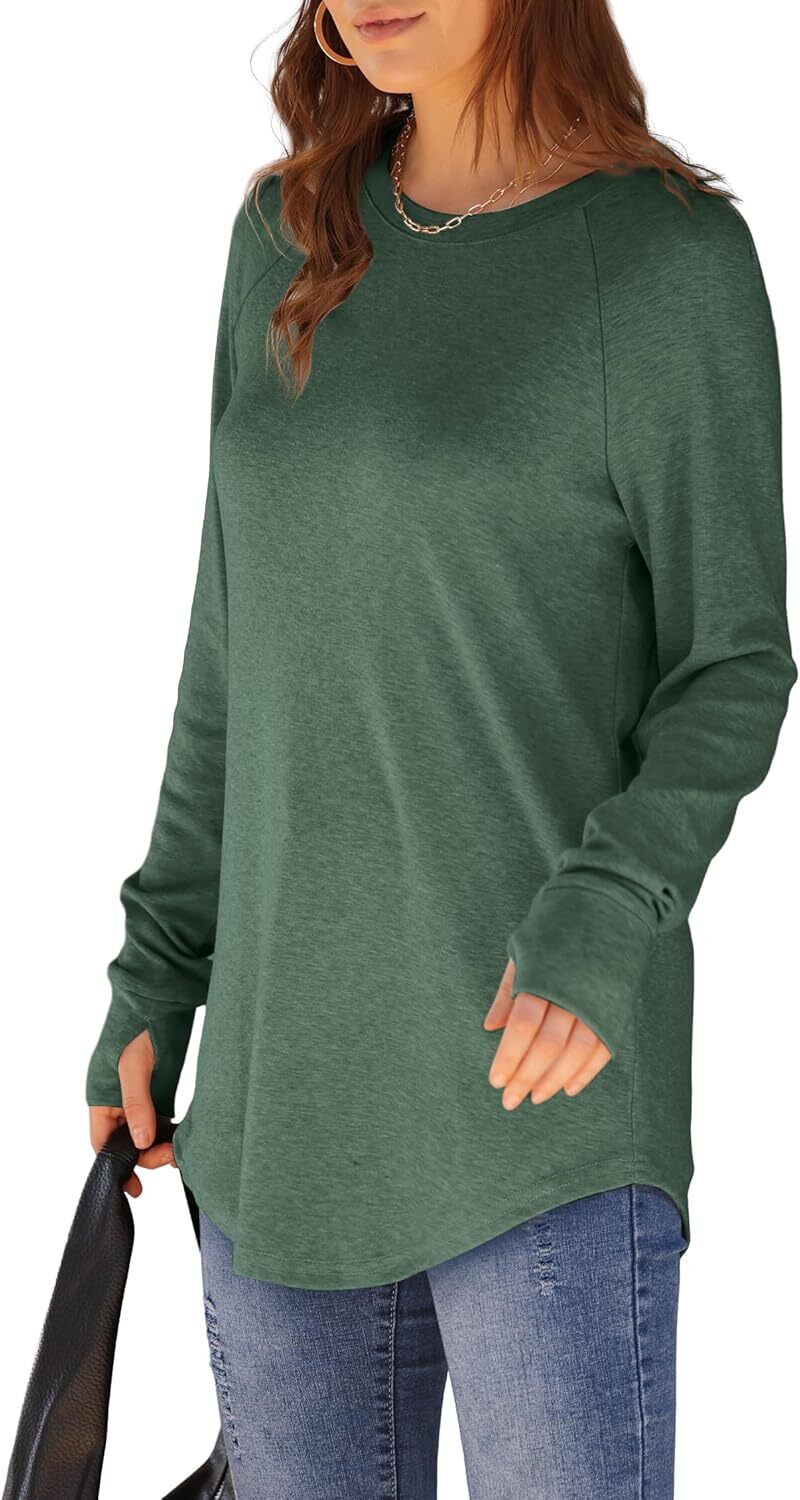 🔥Womens Tunic Tops to Wear with Leggings Long Sleeve Thumb Hole Shirts Crew Neck Curved Hem