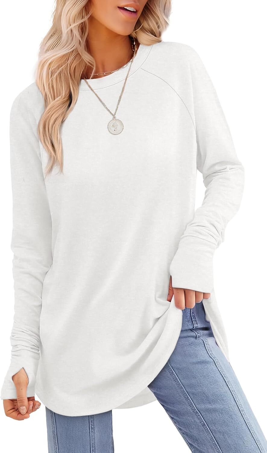 🔥Womens Tunic Tops to Wear with Leggings Long Sleeve Thumb Hole Shirts Crew Neck Curved Hem