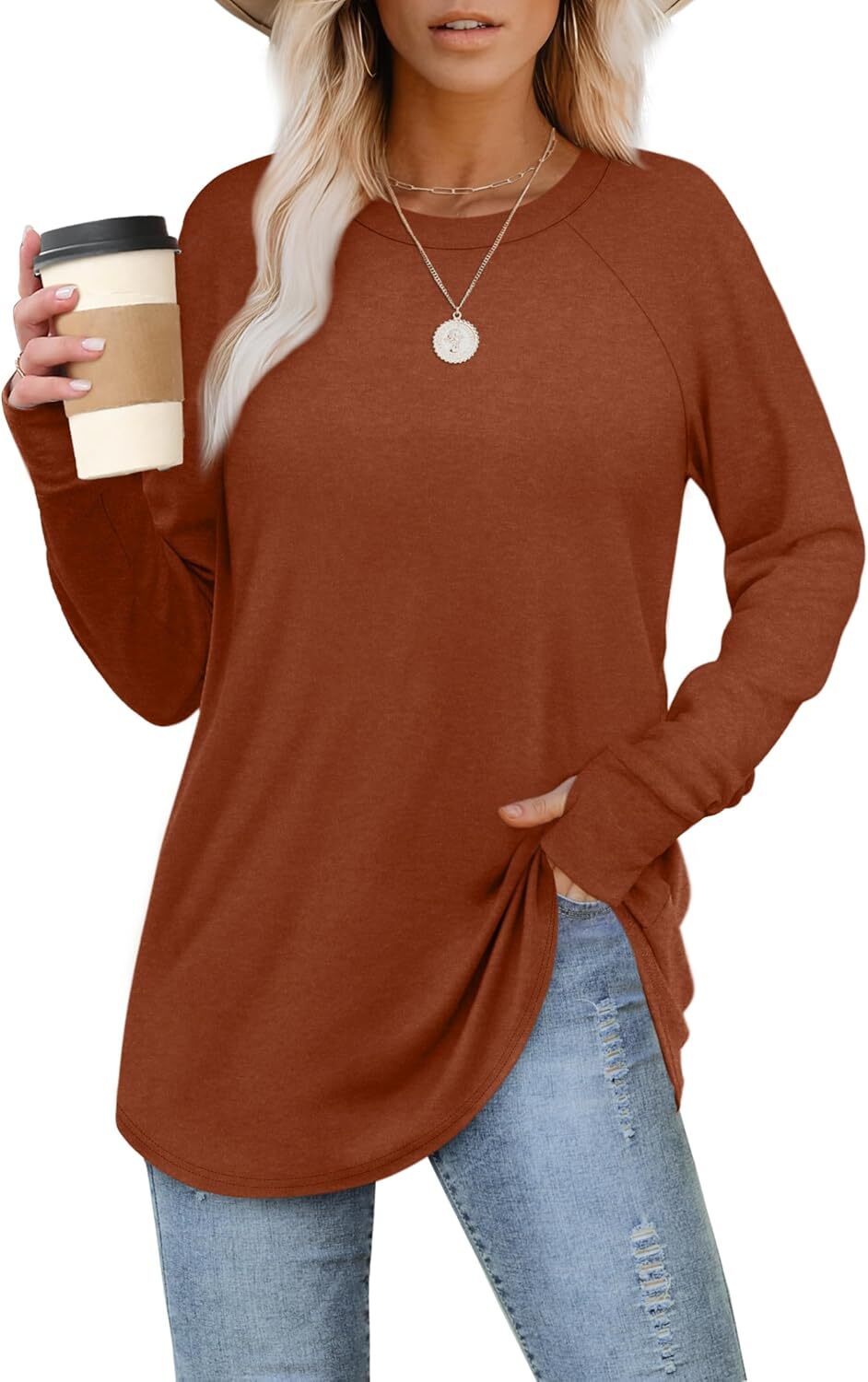 🔥Womens Tunic Tops to Wear with Leggings Long Sleeve Thumb Hole Shirts Crew Neck Curved Hem