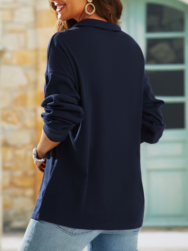Women's Navy Button Front Long Sleeve Henley T-Shirt