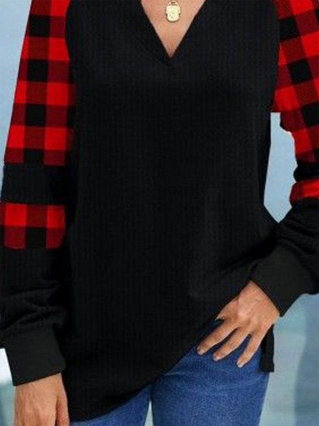 V-neck Christmas Plaid Color Block Casual Long-sleeved T-shirt