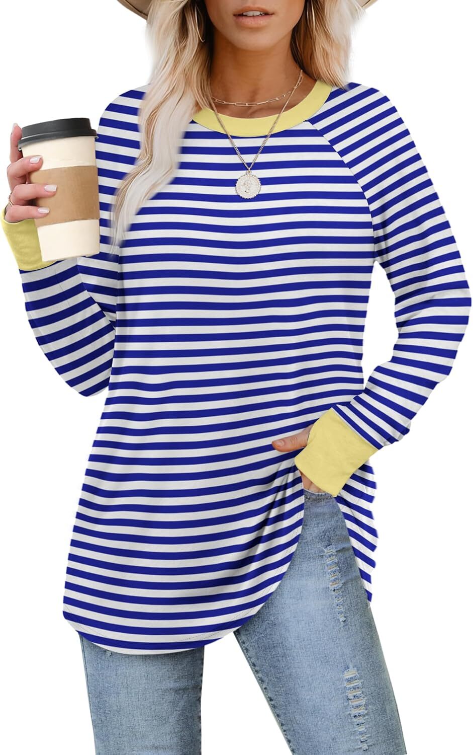 🔥Womens Tunic Tops to Wear with Leggings Long Sleeve Thumb Hole Shirts Crew Neck Curved Hem