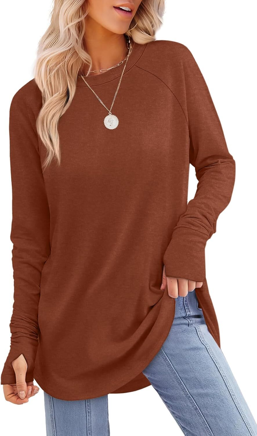 🔥Womens Tunic Tops to Wear with Leggings Long Sleeve Thumb Hole Shirts Crew Neck Curved Hem