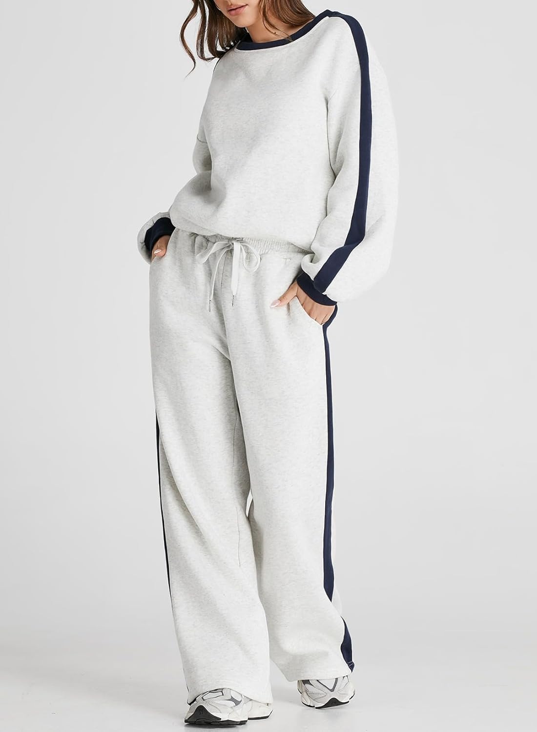 ❤️Last day promotion! Women 2 Piece Outfits Color Block Sweatsuit Casual Fleece Lounge Matching Sets