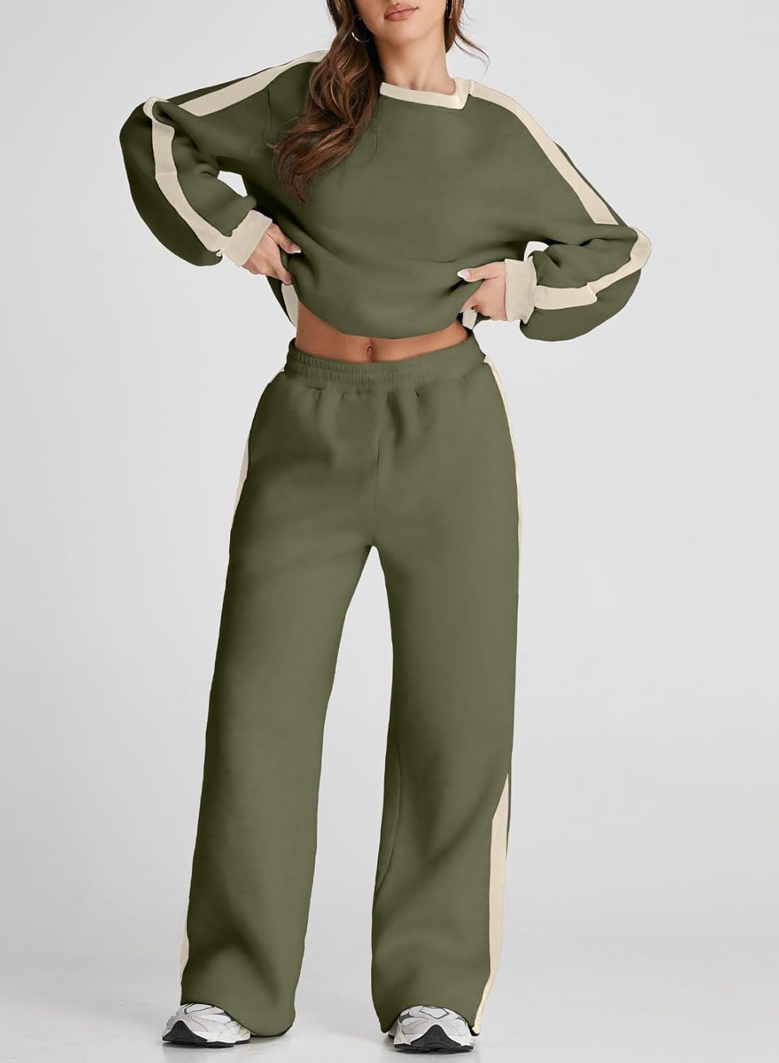 ❤️Last day promotion! Women 2 Piece Outfits Color Block Sweatsuit Casual Fleece Lounge Matching Sets