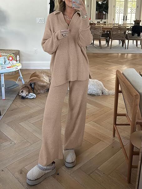 🔥Autumn Special Offer-Womens Two Piece Outfits Sweater Sets Waffle Knit Pullover Wide Leg Pants