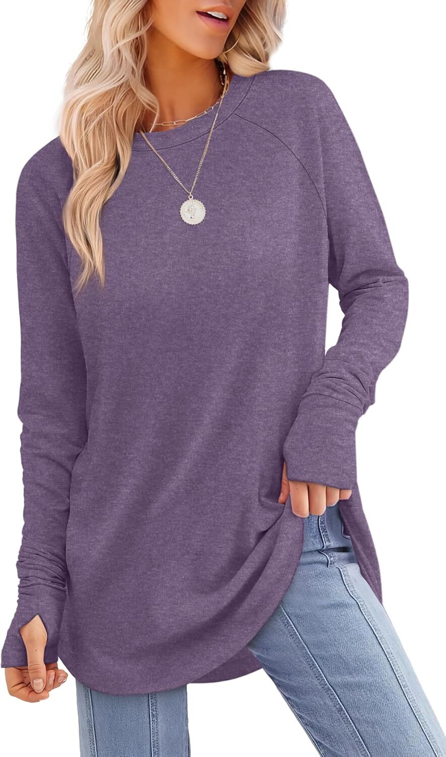 🔥Womens Tunic Tops to Wear with Leggings Long Sleeve Thumb Hole Shirts Crew Neck Curved Hem