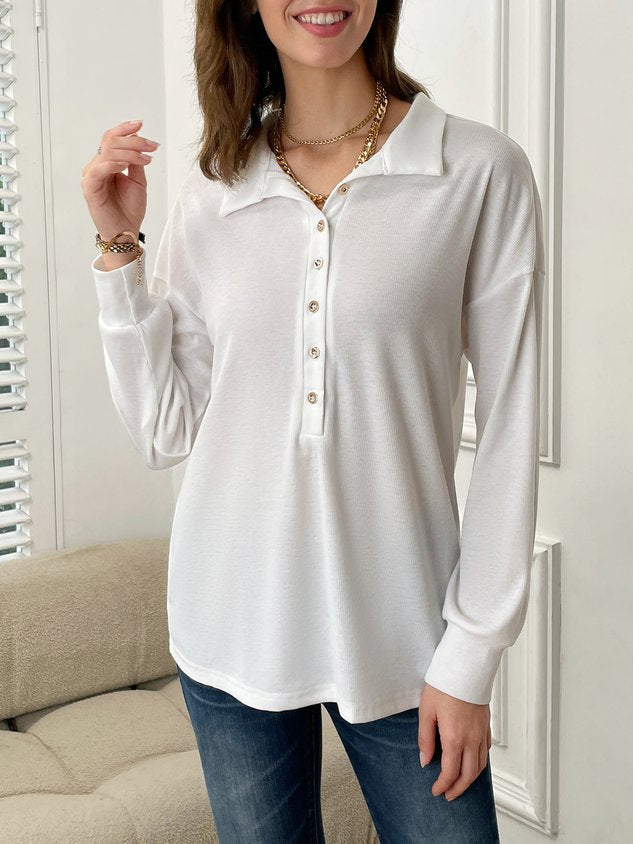 Women's Navy Button Front Long Sleeve Henley T-Shirt
