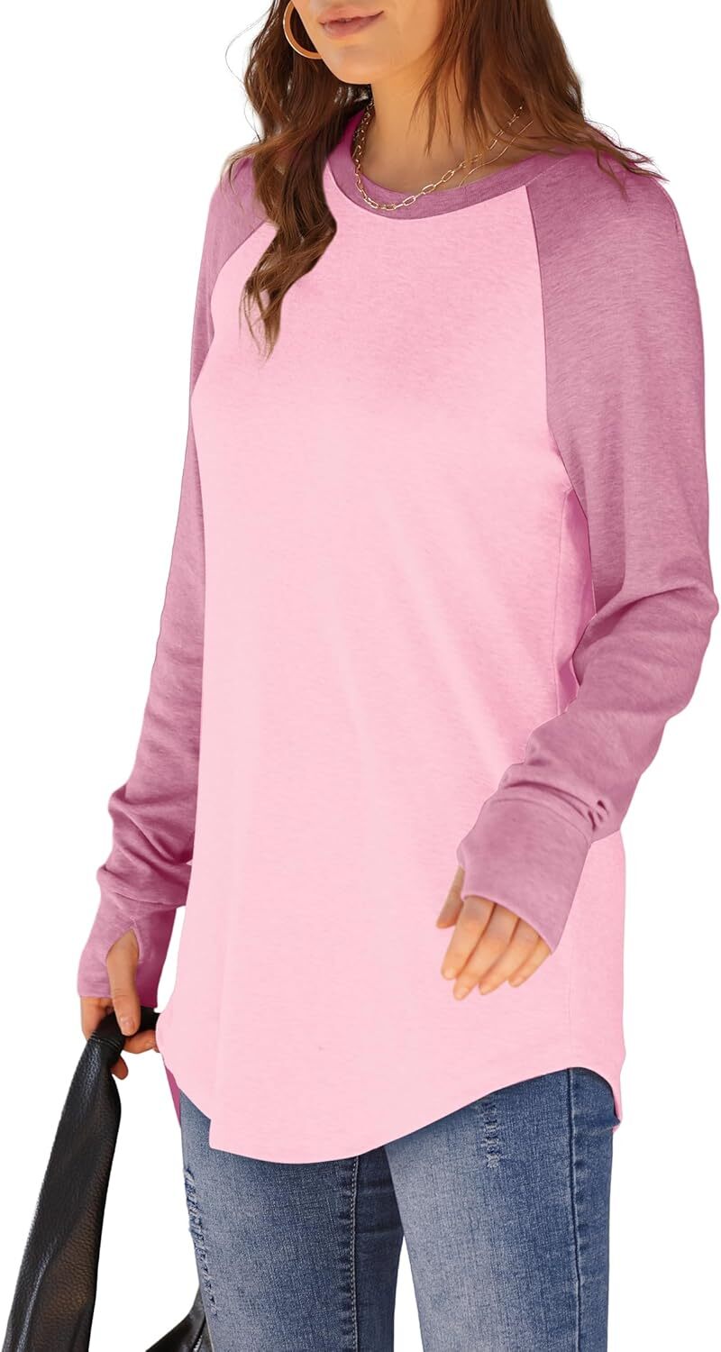 🔥Womens Tunic Tops to Wear with Leggings Long Sleeve Thumb Hole Shirts Crew Neck Curved Hem