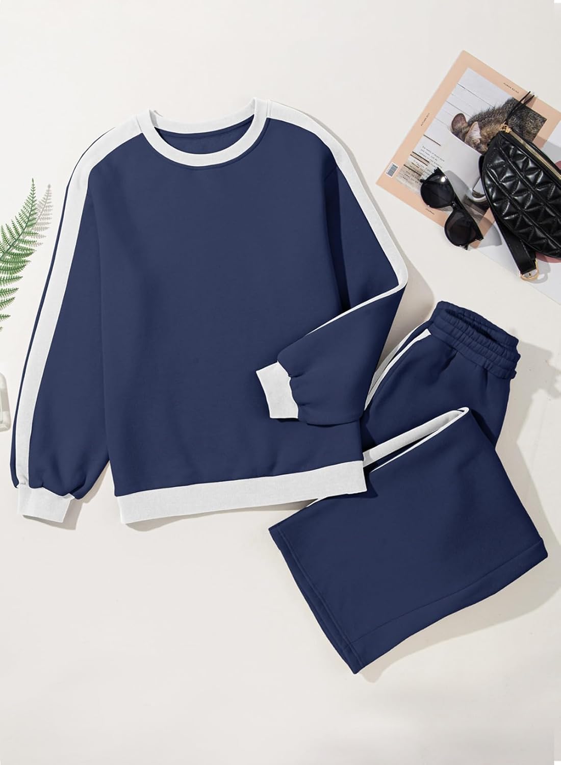 ❤️Last day promotion! Women 2 Piece Outfits Color Block Sweatsuit Casual Fleece Lounge Matching Sets