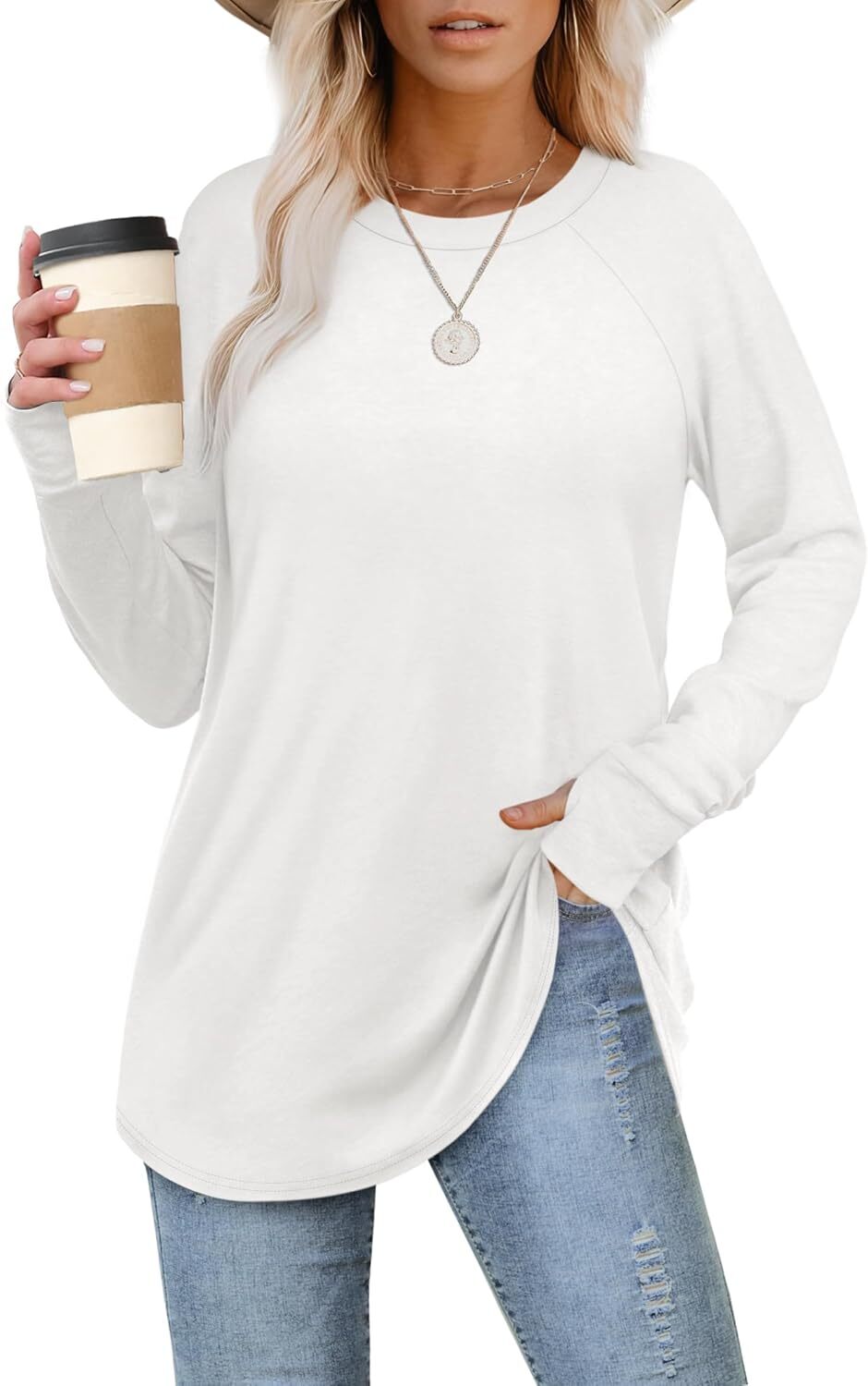 🔥Womens Tunic Tops to Wear with Leggings Long Sleeve Thumb Hole Shirts Crew Neck Curved Hem