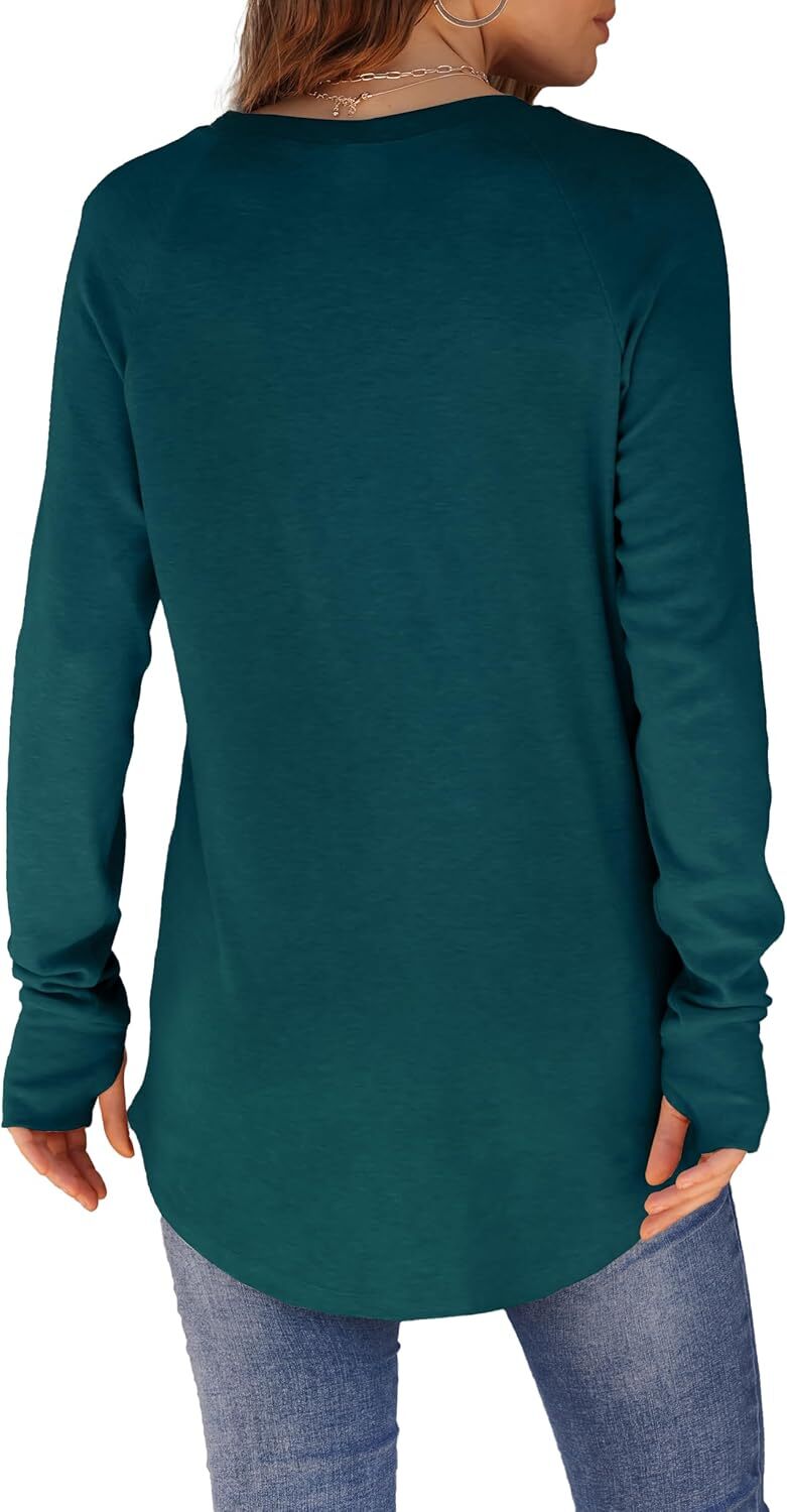 🔥Womens Tunic Tops to Wear with Leggings Long Sleeve Thumb Hole Shirts Crew Neck Curved Hem