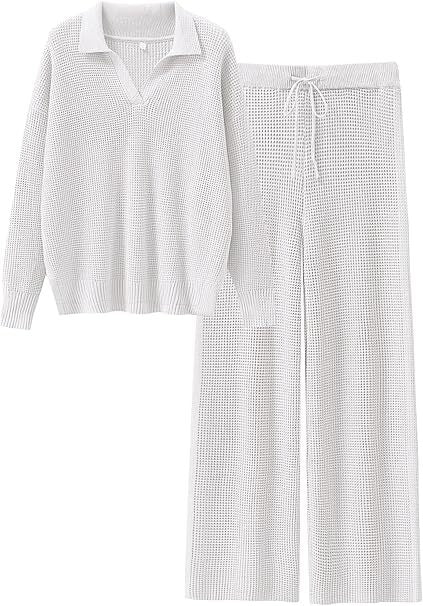 🔥Autumn Special Offer-Womens Two Piece Outfits Sweater Sets Waffle Knit Pullover Wide Leg Pants