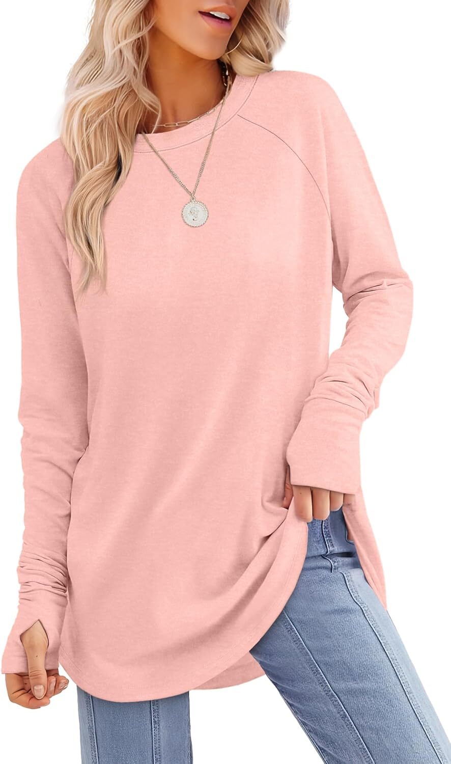 🔥Womens Tunic Tops to Wear with Leggings Long Sleeve Thumb Hole Shirts Crew Neck Curved Hem