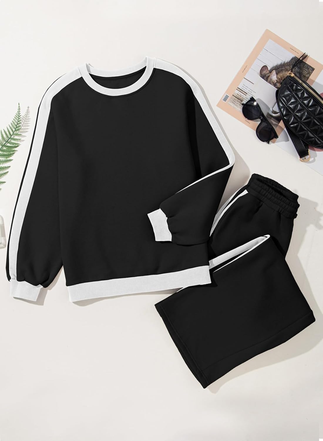❤️Last day promotion! Women 2 Piece Outfits Color Block Sweatsuit Casual Fleece Lounge Matching Sets