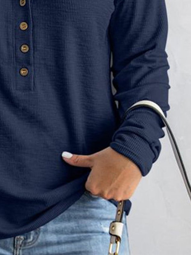 Women's Navy Button Front Long Sleeve Henley T-Shirt