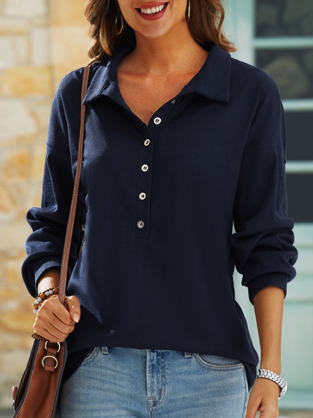 Women's Navy Button Front Long Sleeve Henley T-Shirt