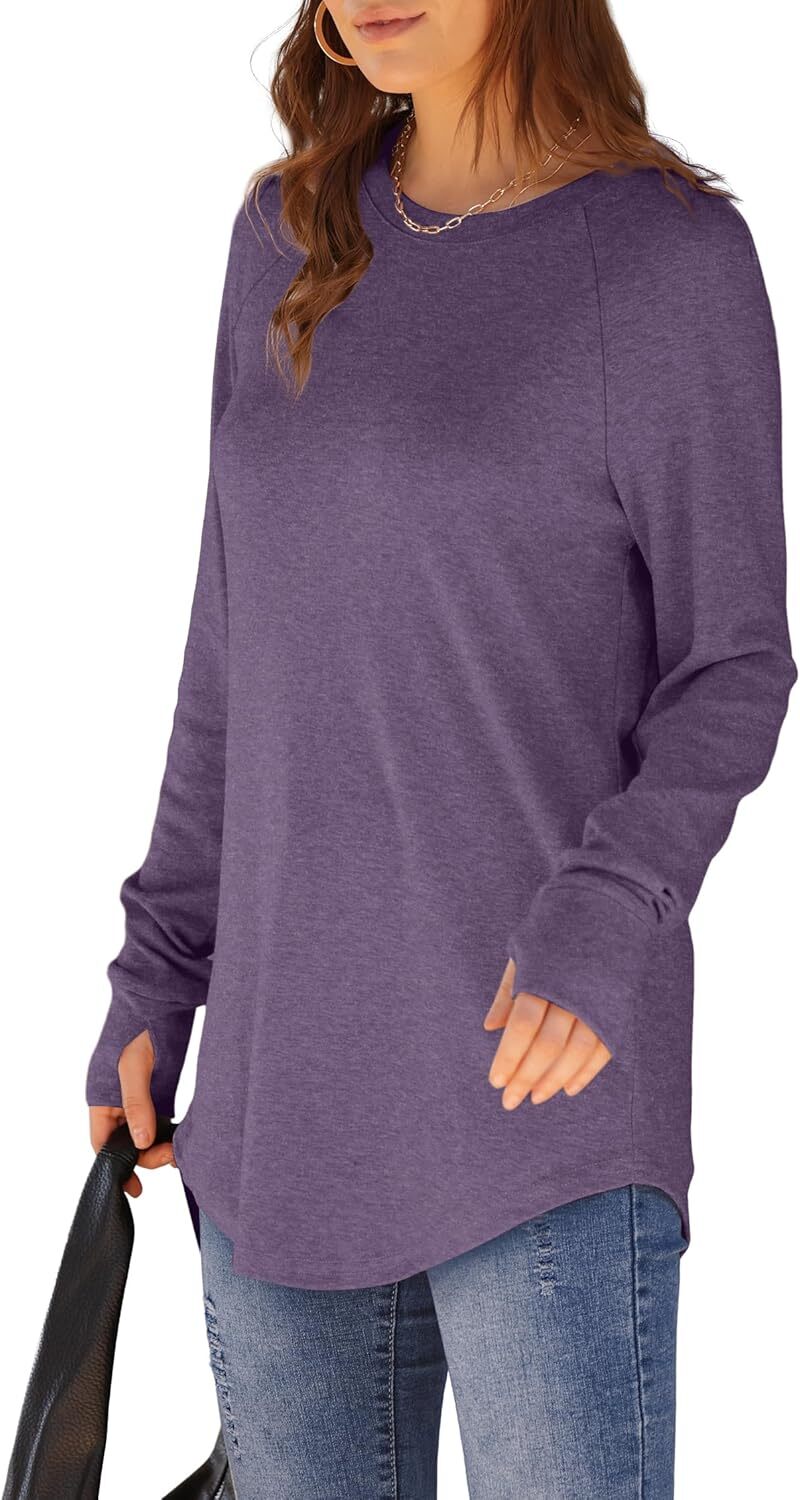 🔥Womens Tunic Tops to Wear with Leggings Long Sleeve Thumb Hole Shirts Crew Neck Curved Hem