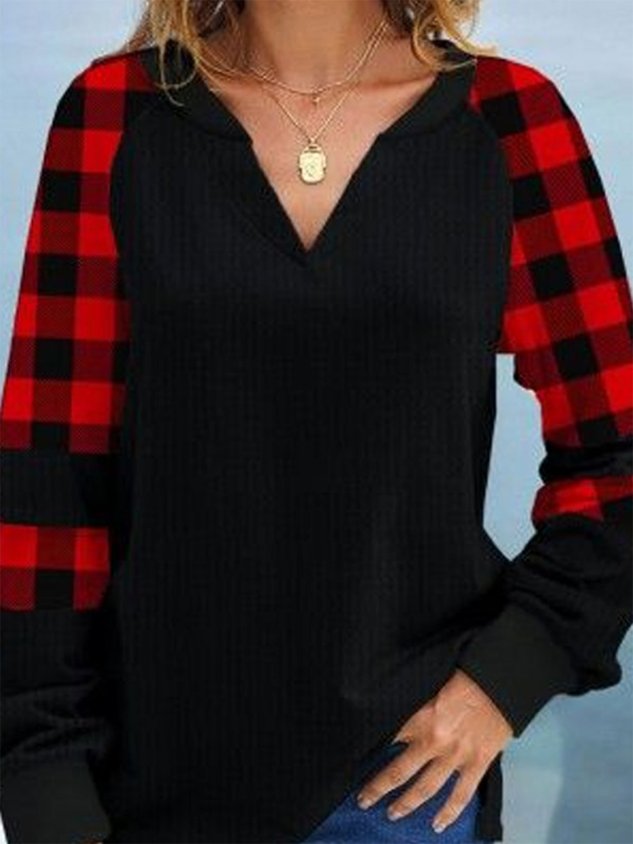 V-neck Christmas Plaid Color Block Casual Long-sleeved T-shirt