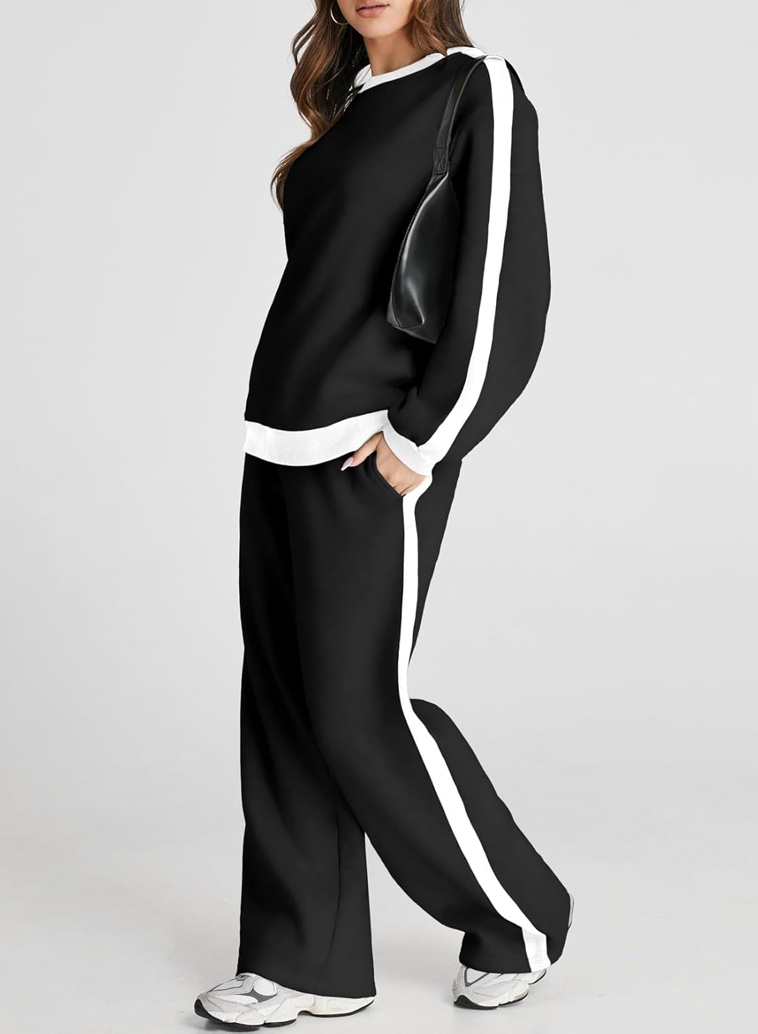 ❤️Last day promotion! Women 2 Piece Outfits Color Block Sweatsuit Casual Fleece Lounge Matching Sets