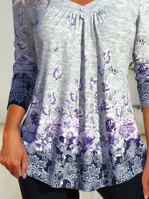 Floral Square Neck Casual T-Shirt