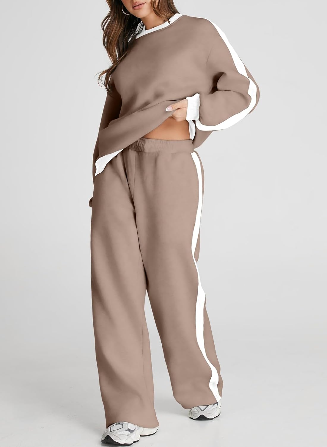 ❤️Last day promotion! Women 2 Piece Outfits Color Block Sweatsuit Casual Fleece Lounge Matching Sets