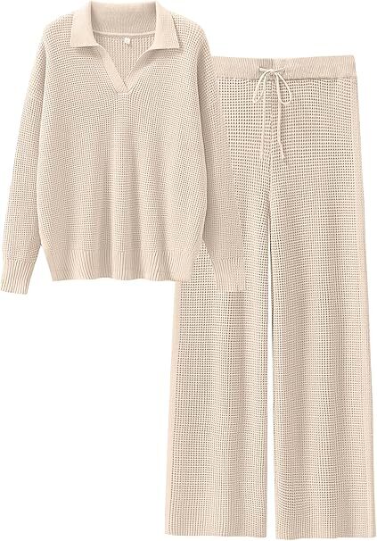 🔥Autumn Special Offer-Womens Two Piece Outfits Sweater Sets Waffle Knit Pullover Wide Leg Pants