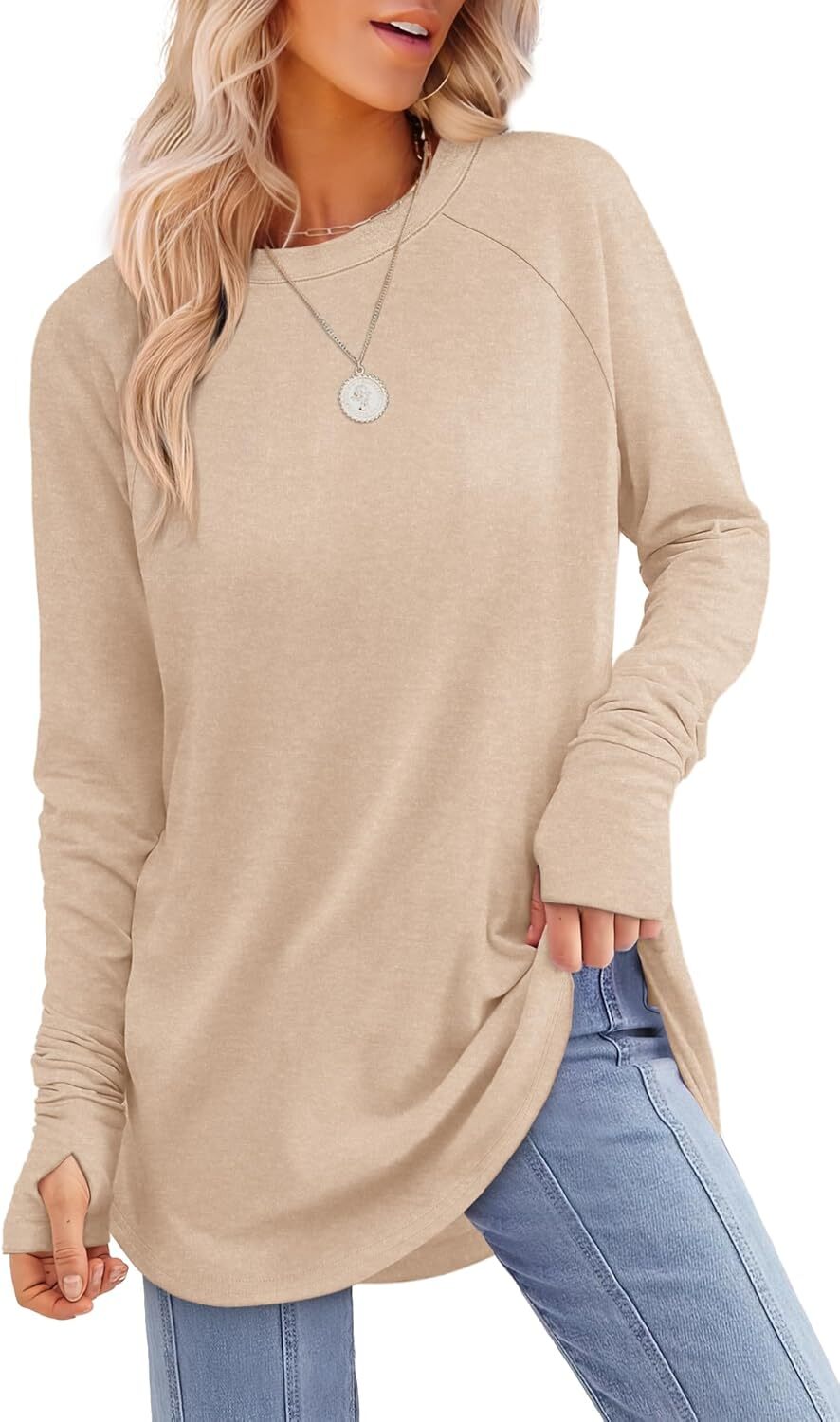 🔥Womens Tunic Tops to Wear with Leggings Long Sleeve Thumb Hole Shirts Crew Neck Curved Hem