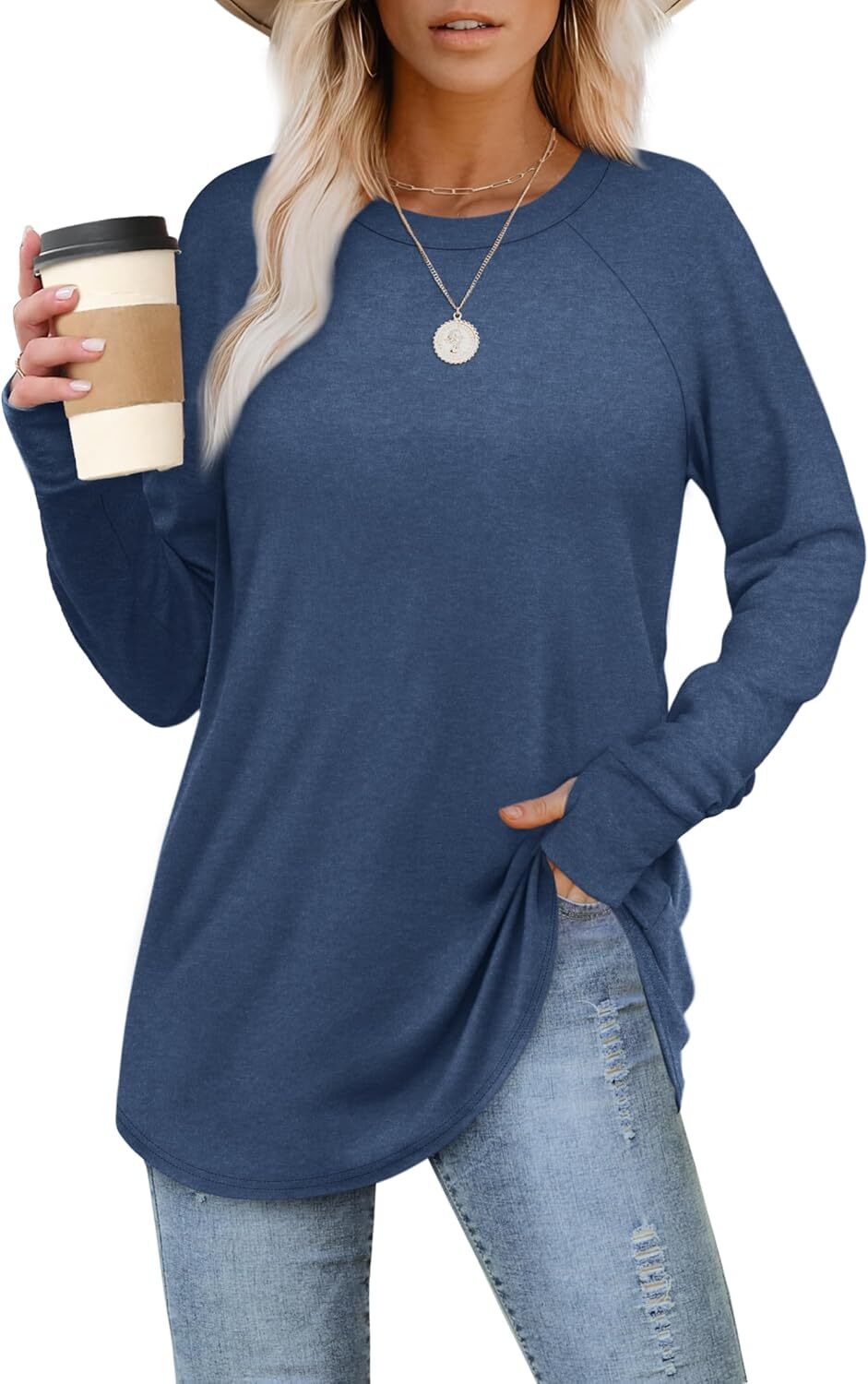 🔥Womens Tunic Tops to Wear with Leggings Long Sleeve Thumb Hole Shirts Crew Neck Curved Hem