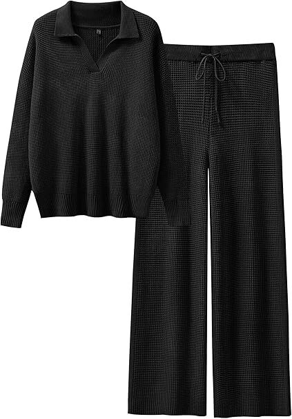 🔥Autumn Special Offer-Womens Two Piece Outfits Sweater Sets Waffle Knit Pullover Wide Leg Pants