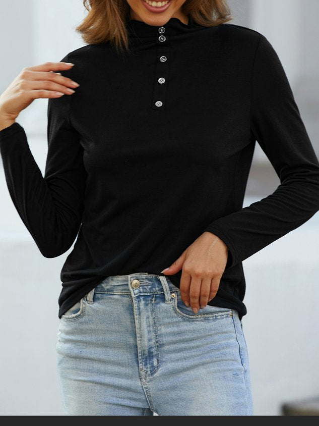 Casual Plain Half Turtleneck Buttoned T-Shirt