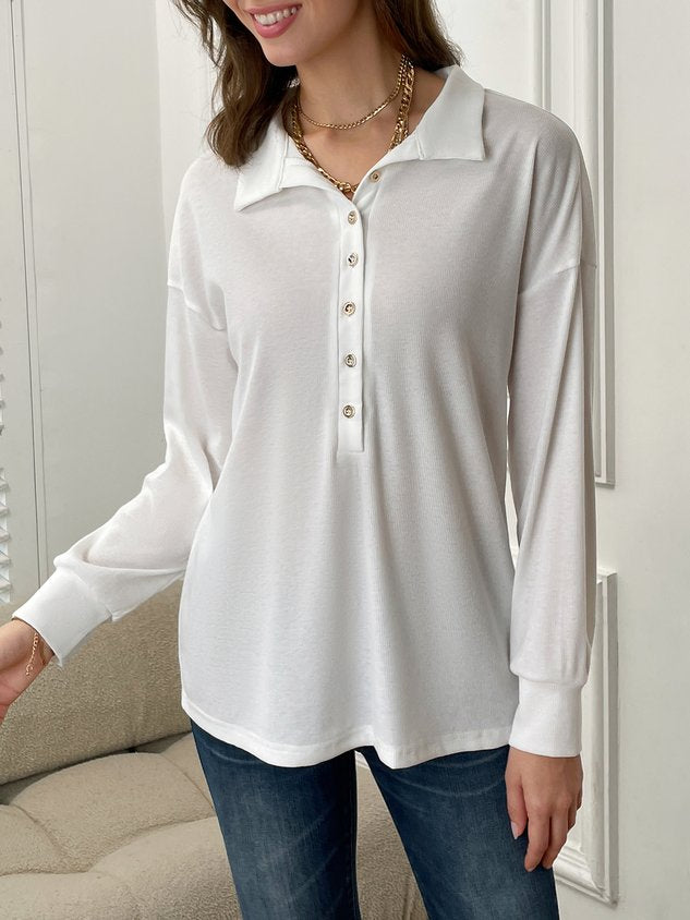 Women's Navy Button Front Long Sleeve Henley T-Shirt