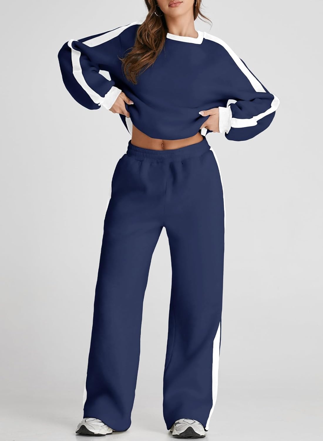 ❤️Last day promotion! Women 2 Piece Outfits Color Block Sweatsuit Casual Fleece Lounge Matching Sets