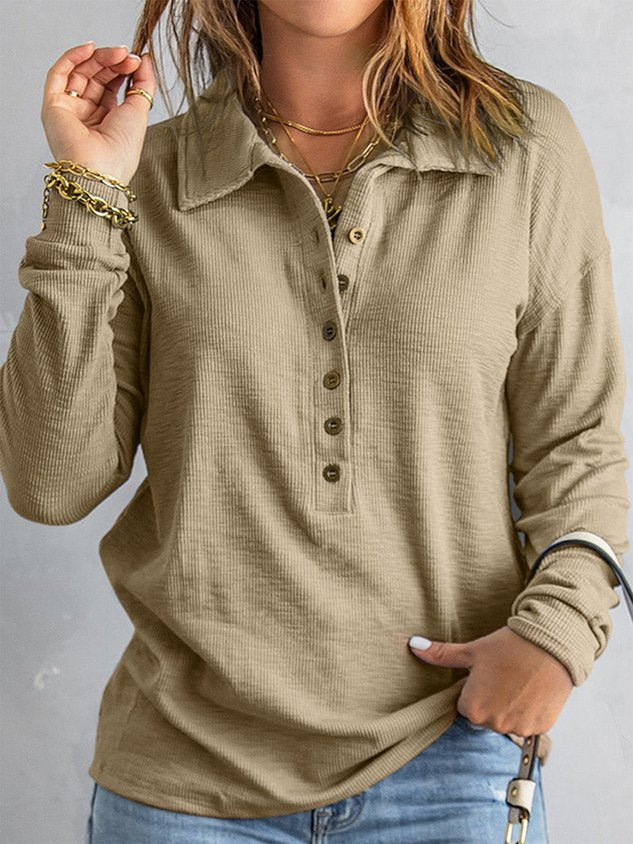Women's Navy Button Front Long Sleeve Henley T-Shirt