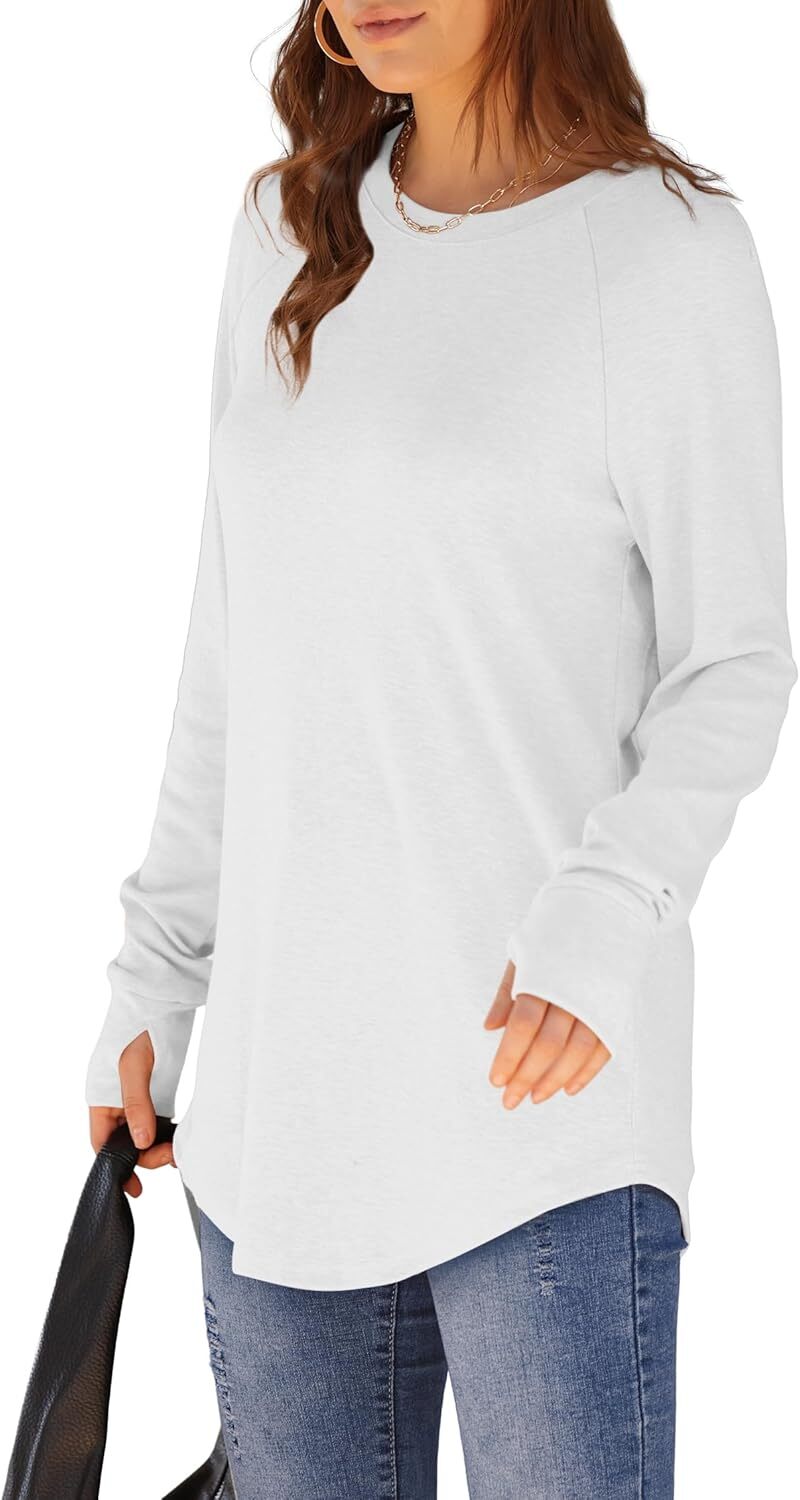 🔥Womens Tunic Tops to Wear with Leggings Long Sleeve Thumb Hole Shirts Crew Neck Curved Hem