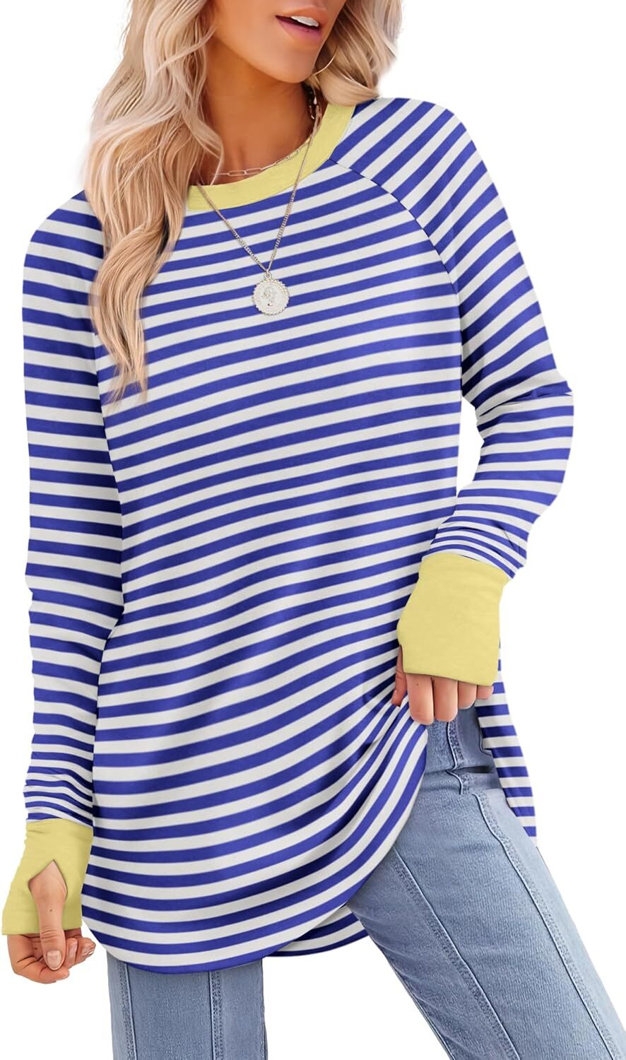 🔥Womens Tunic Tops to Wear with Leggings Long Sleeve Thumb Hole Shirts Crew Neck Curved Hem