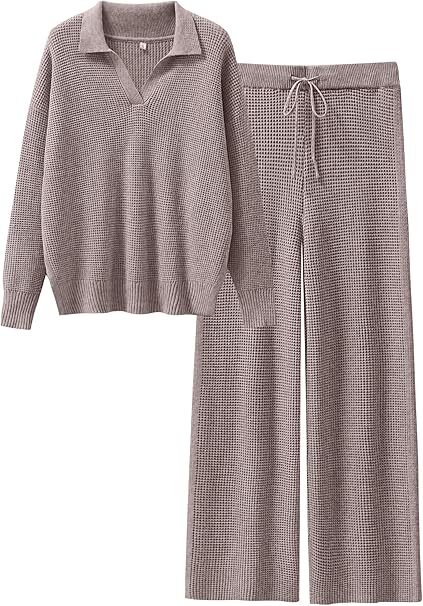 🔥Autumn Special Offer-Womens Two Piece Outfits Sweater Sets Waffle Knit Pullover Wide Leg Pants