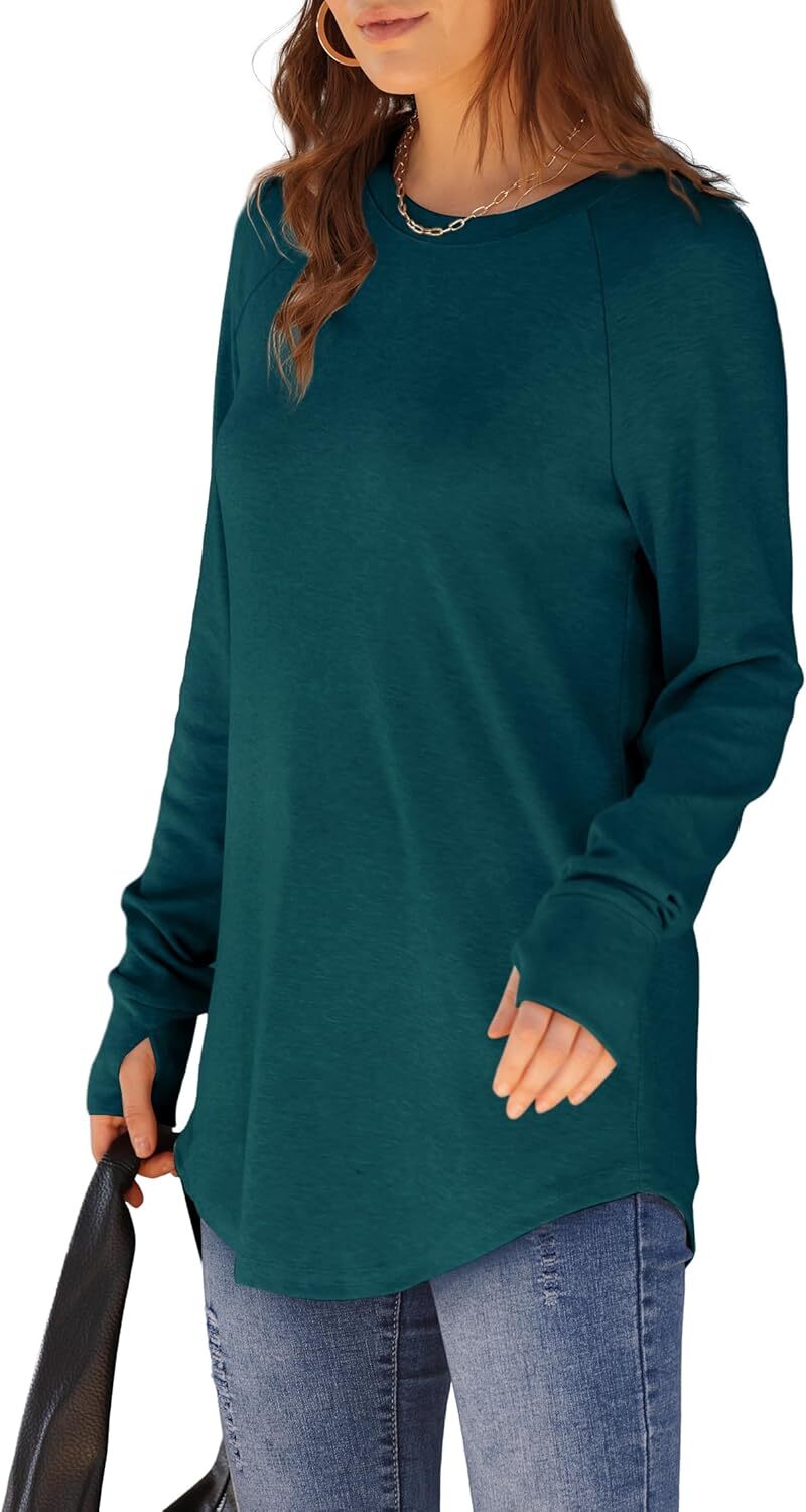 🔥Womens Tunic Tops to Wear with Leggings Long Sleeve Thumb Hole Shirts Crew Neck Curved Hem