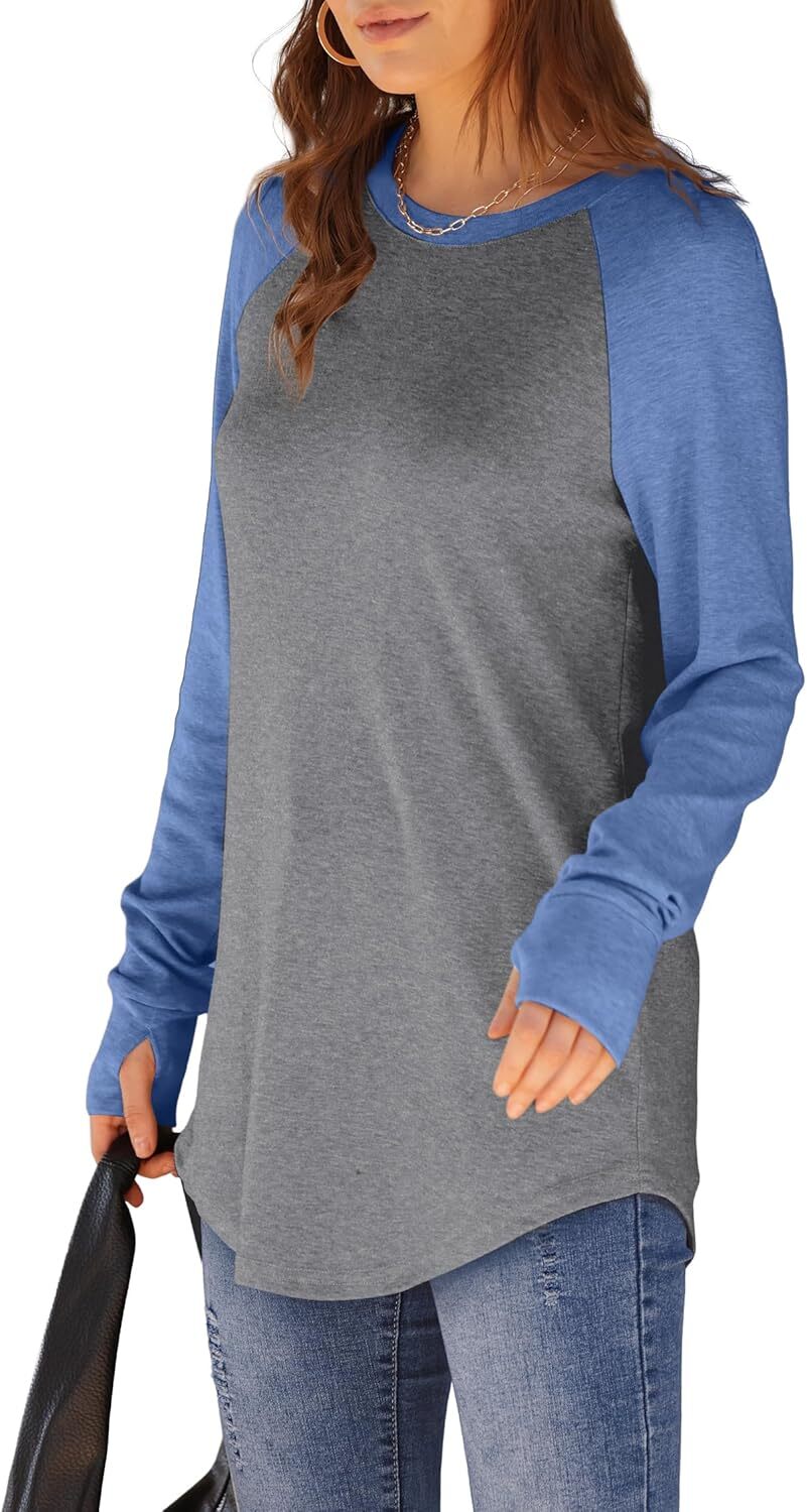 🔥Womens Tunic Tops to Wear with Leggings Long Sleeve Thumb Hole Shirts Crew Neck Curved Hem