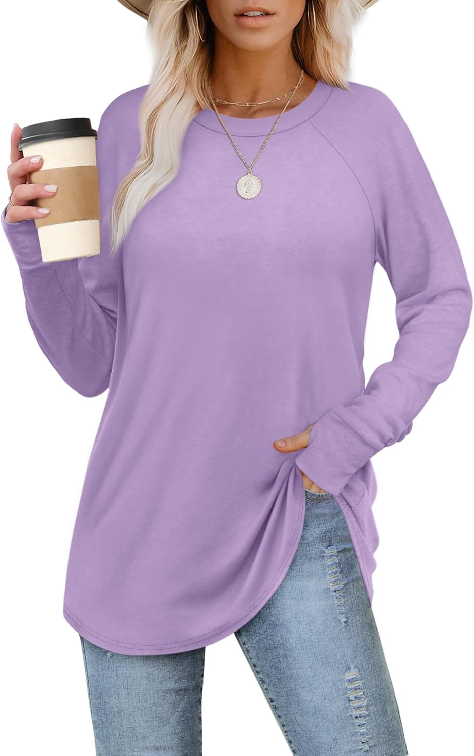 🔥Womens Tunic Tops to Wear with Leggings Long Sleeve Thumb Hole Shirts Crew Neck Curved Hem