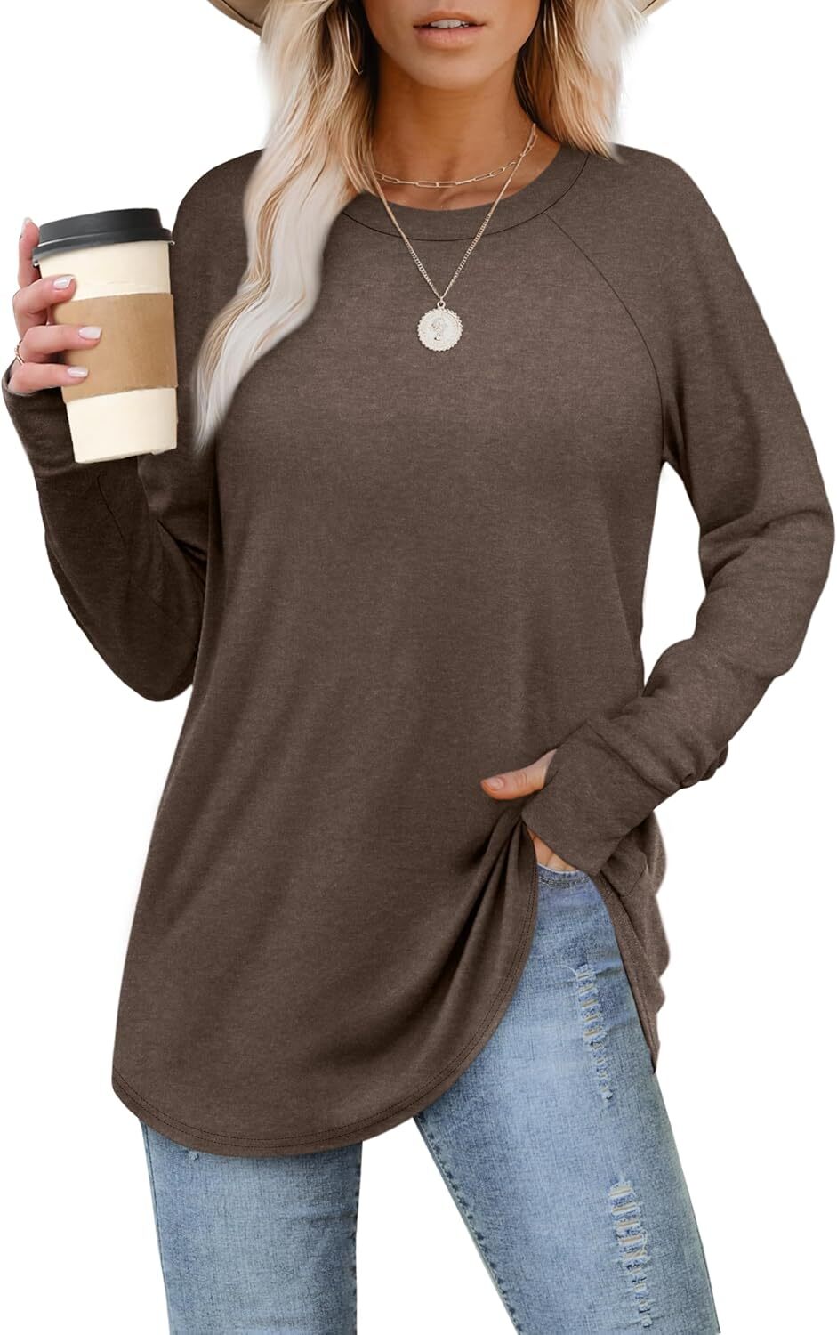 🔥Womens Tunic Tops to Wear with Leggings Long Sleeve Thumb Hole Shirts Crew Neck Curved Hem